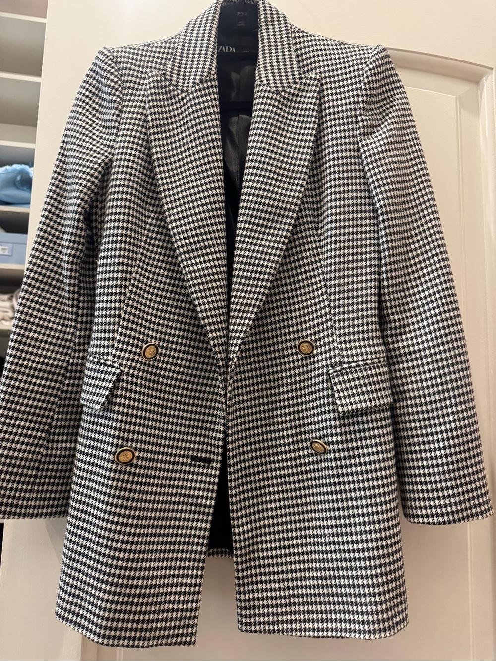 Zara Black & White Houndstooth Double-Breasted Blazer size XS